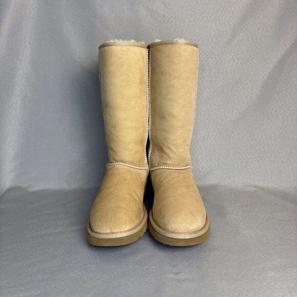 Womens UGG Boots Sz 7 Classic Tall Sand Sheepskin Suede Wool Boho Festival $220 - Picture 2 of 15